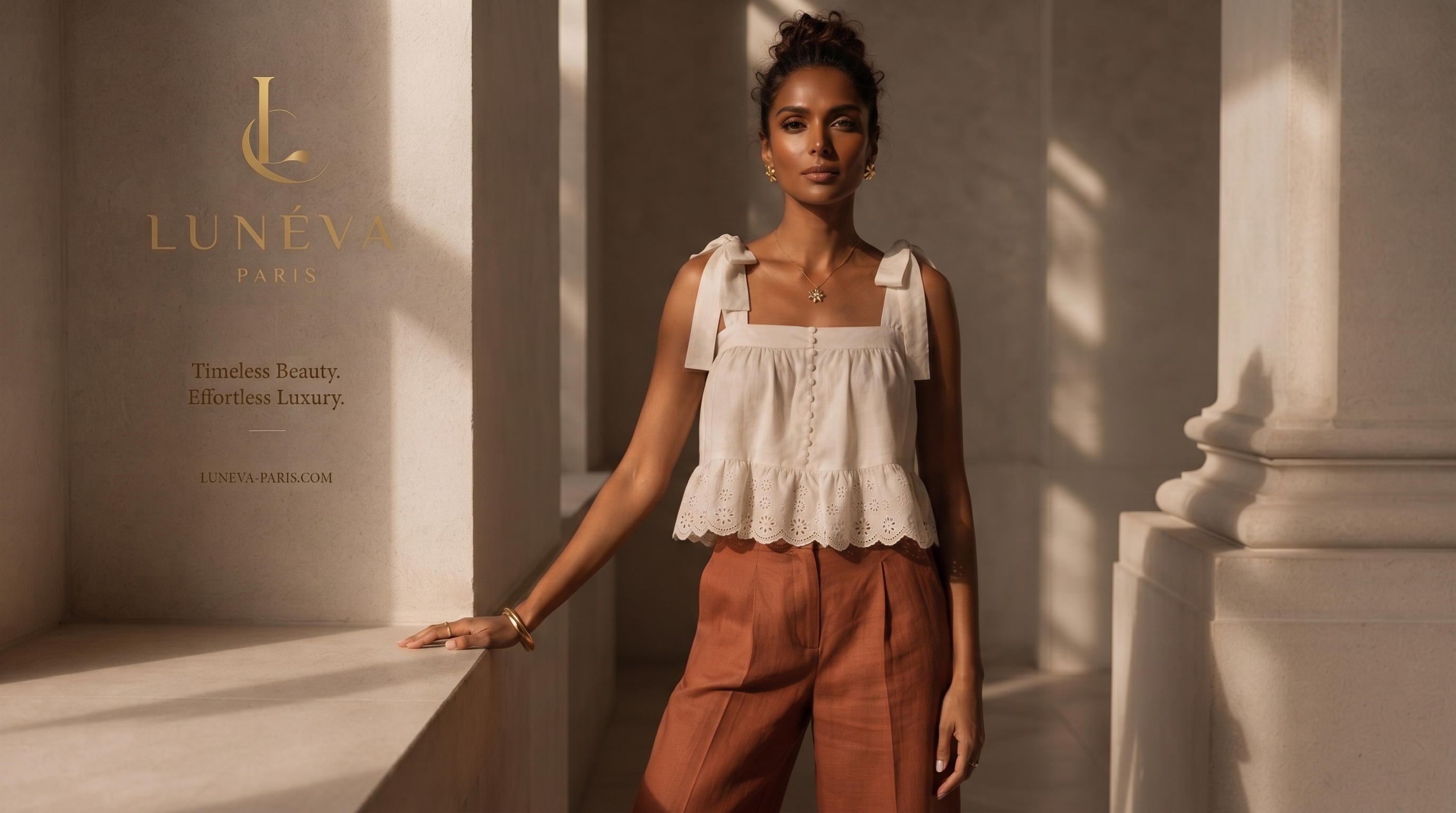 Cream top styled with rust trousers beside a stone column