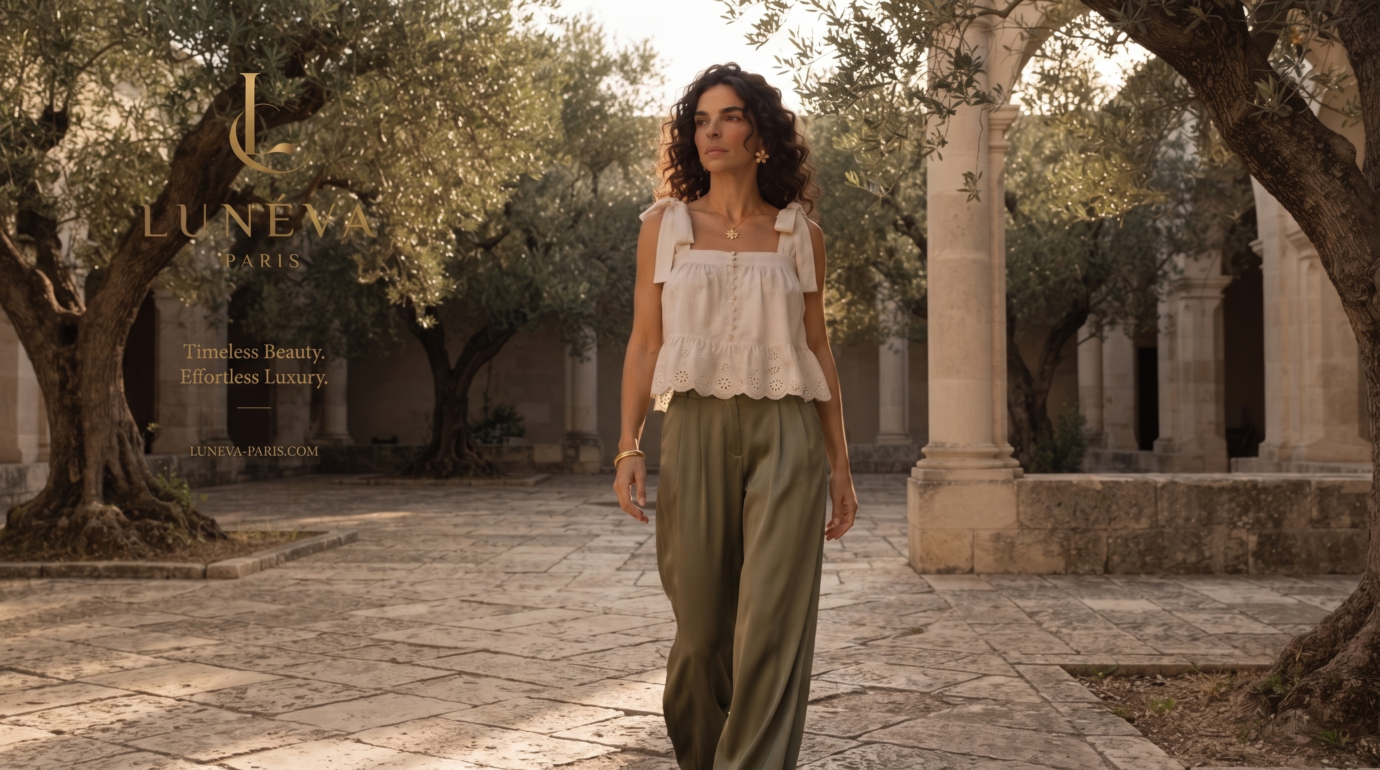 Cream top styled with olive tailored trousers in a courtyard
